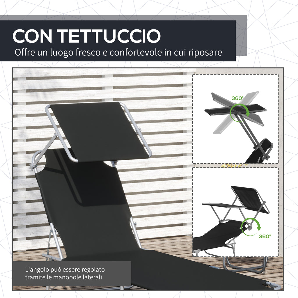 Outsunny Folding and Adjustable Garden Sun Lounger with Black Fabric Canopy, 187x58x50 cm