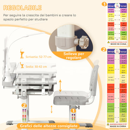 Children's Desk with Chair for 6-12 Years Old with Adjustable Height and Angle, Grey - Borgè