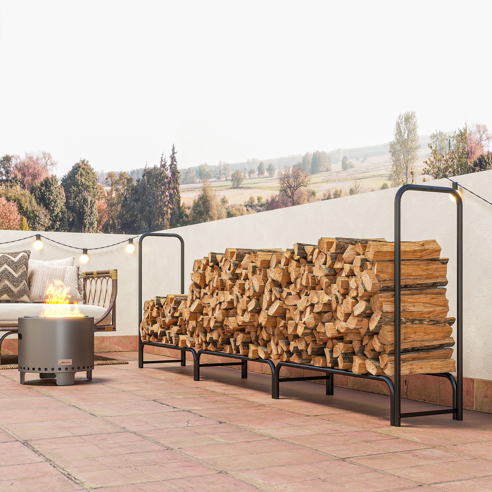 1m³ Adjustable Firewood Rack with Waterproof PE Tarpaulin, Metal, 300x36x99cm, Black and Dark Green