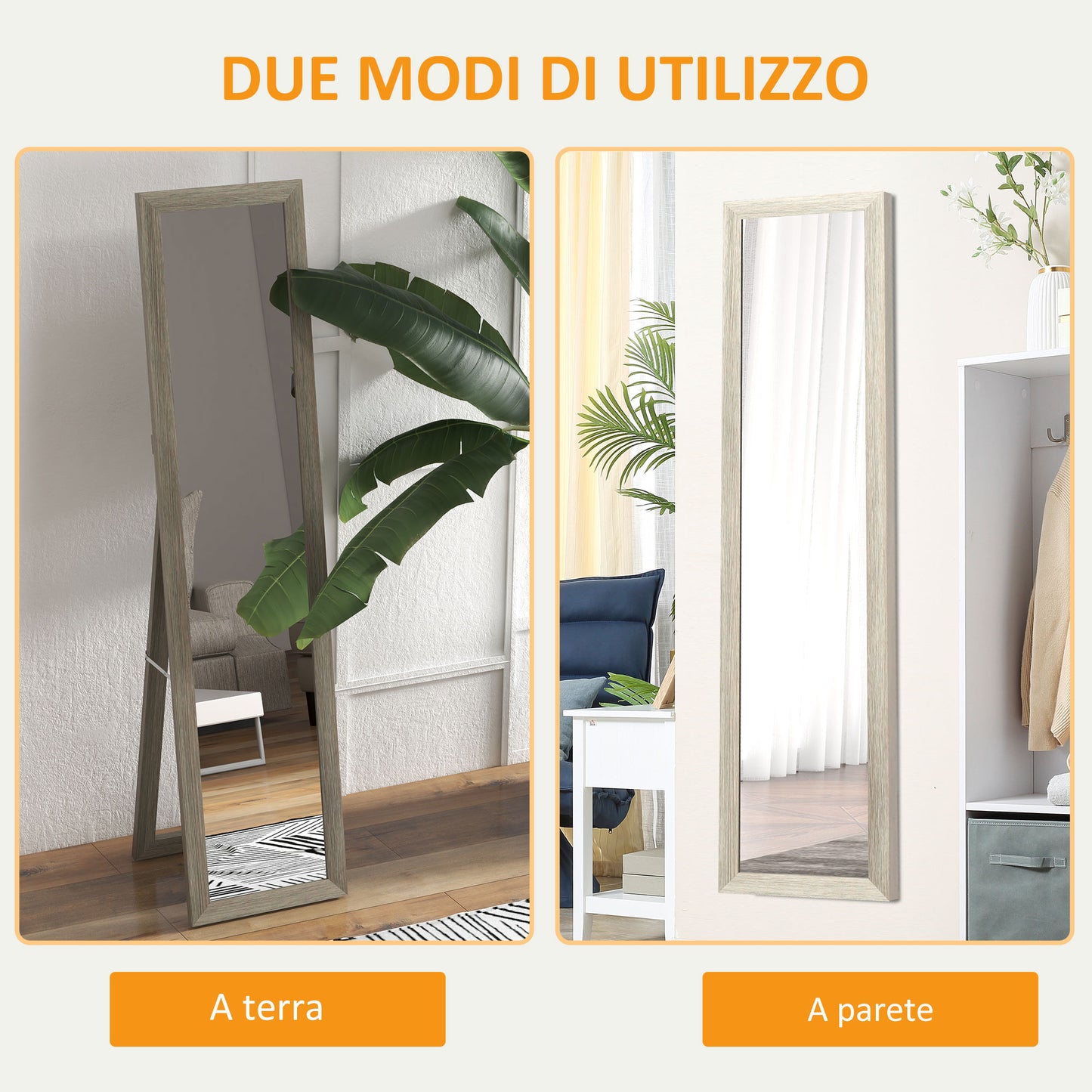 Vertical Wall or Floor Mirror with MDF Frame, 37x40x155 cm, Grey and Transparent