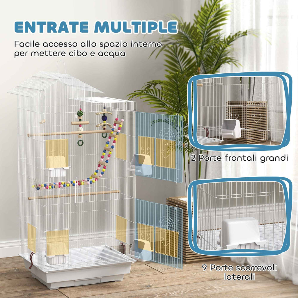 PawHut Bird Cage, Aviary with Handle and Doors, Cage with Swing, Bowls and Toys, 46x36x100 cm, White