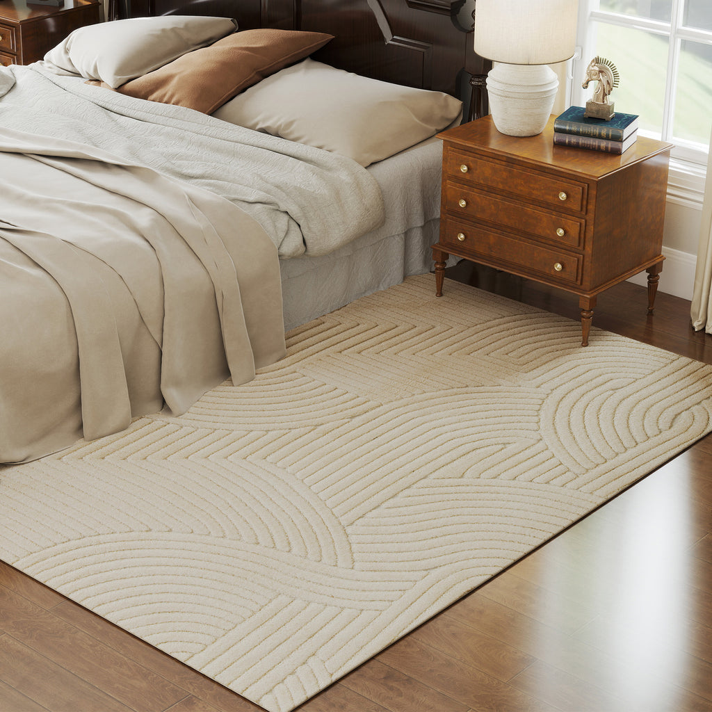 HOMCOM Modern Non-Slip Polyester and Cotton Area Rug with Line Design for Living Room, Bedroom, Cream