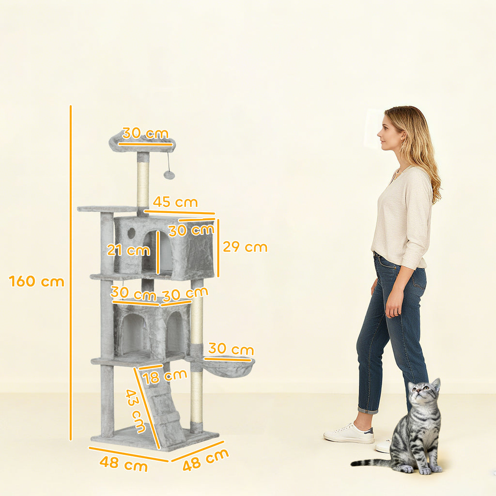 Cat Tree, 160 cm Tall, with 2 Cat Houses, Hammock, Bed and Sisal Posts, Grey