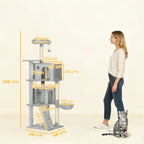 Cat Tree, 160 cm Tall, with 2 Cat Houses, Hammock, Bed and Sisal Posts, Grey