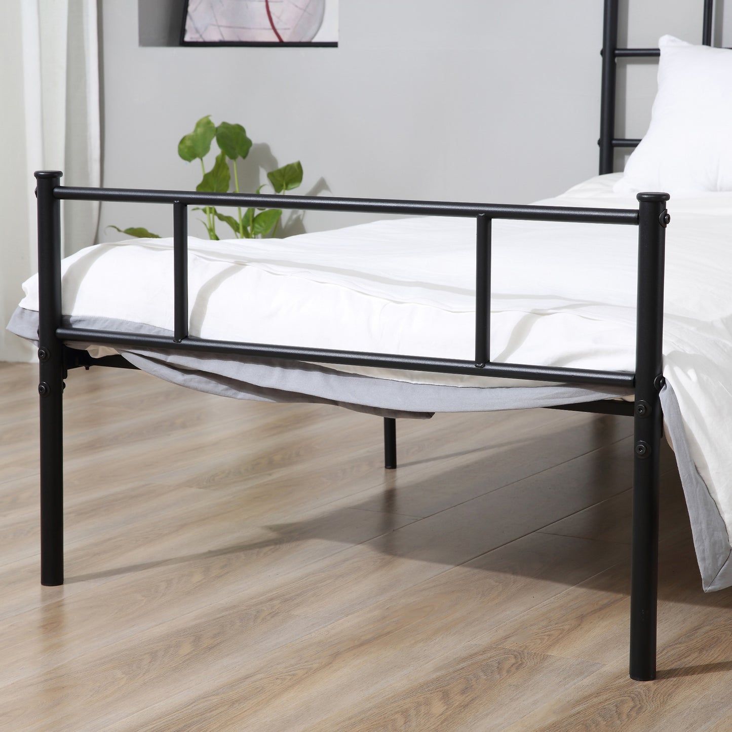 Single Steel Bed Frame 90x200cm with Slats, Headboard and Footboard, Black - Borgè