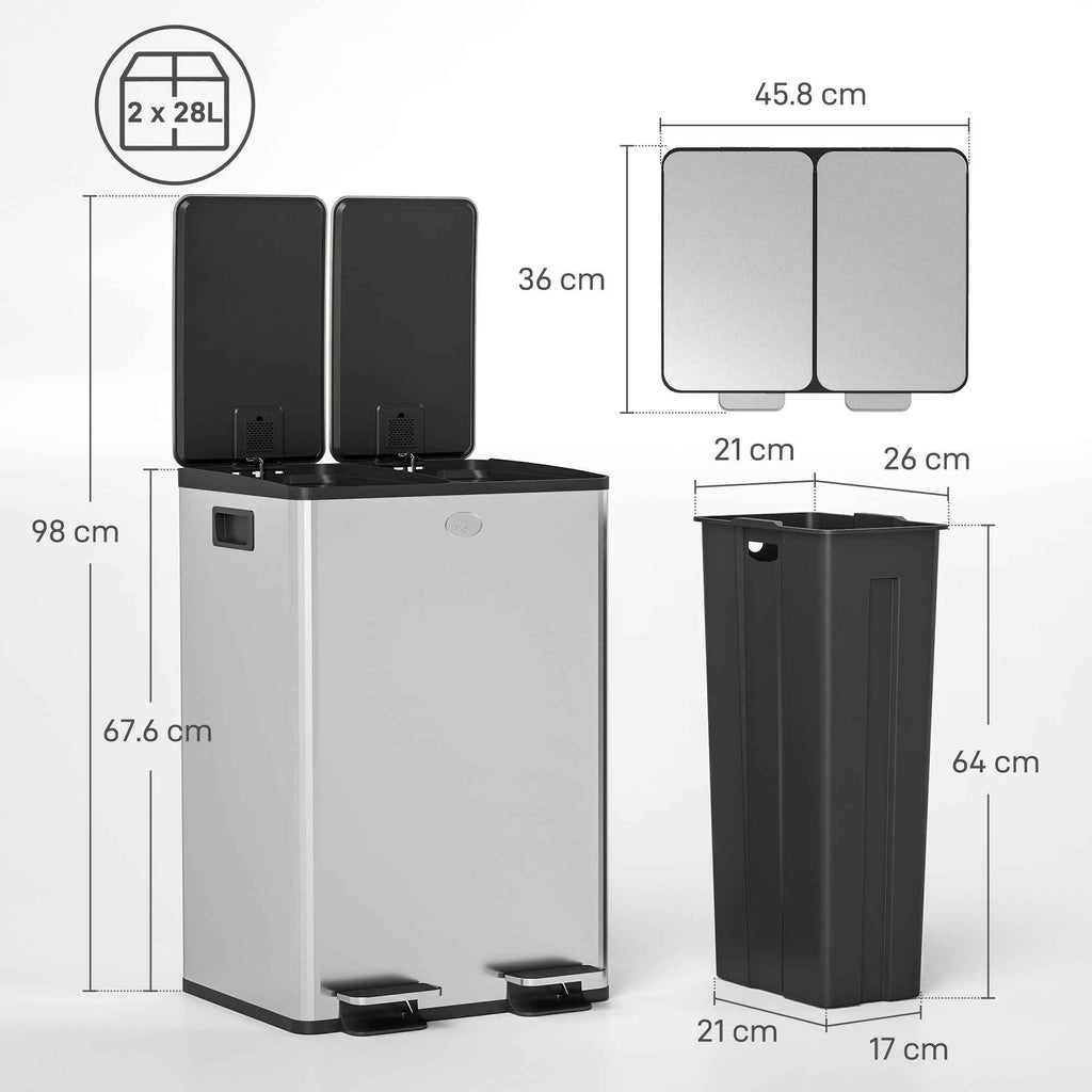 HOMCOM 2-Compartment Waste Bin, 28L, Silver