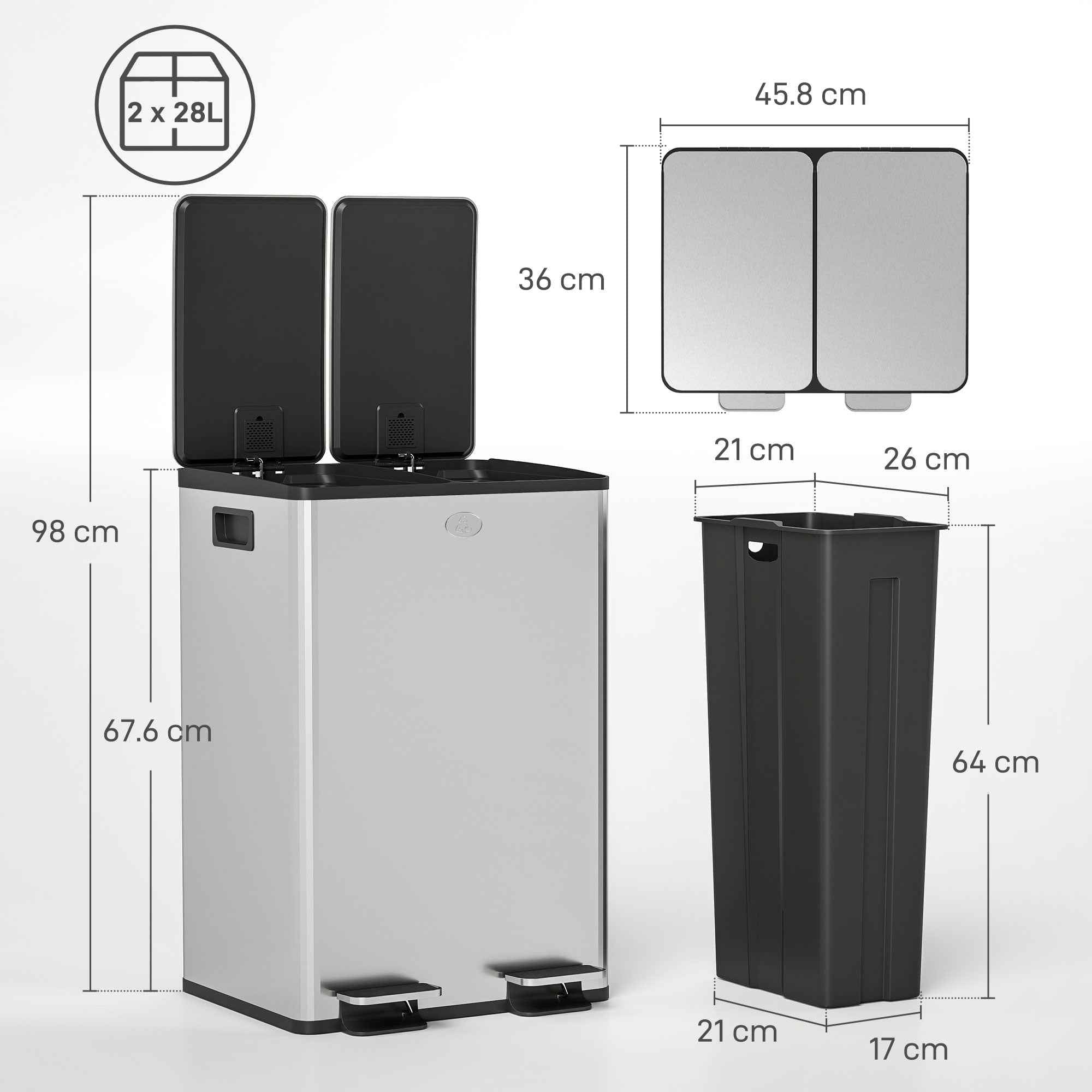 HOMCOM 2-Compartment Waste Bin, 28L, Silver