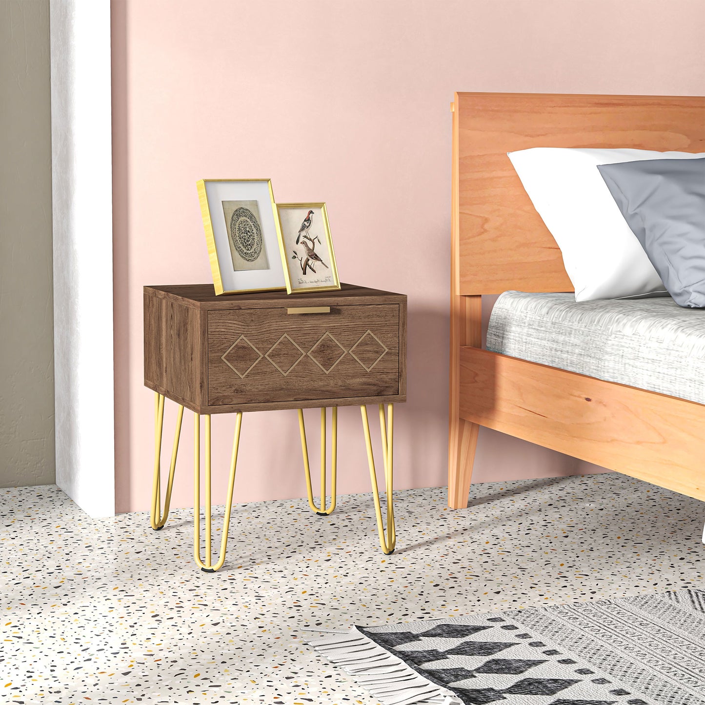 Modern Bedside Tables Set of 2 Pieces in Chipboard and Steel with Drawer, 39.5x41x49 cm, Brown