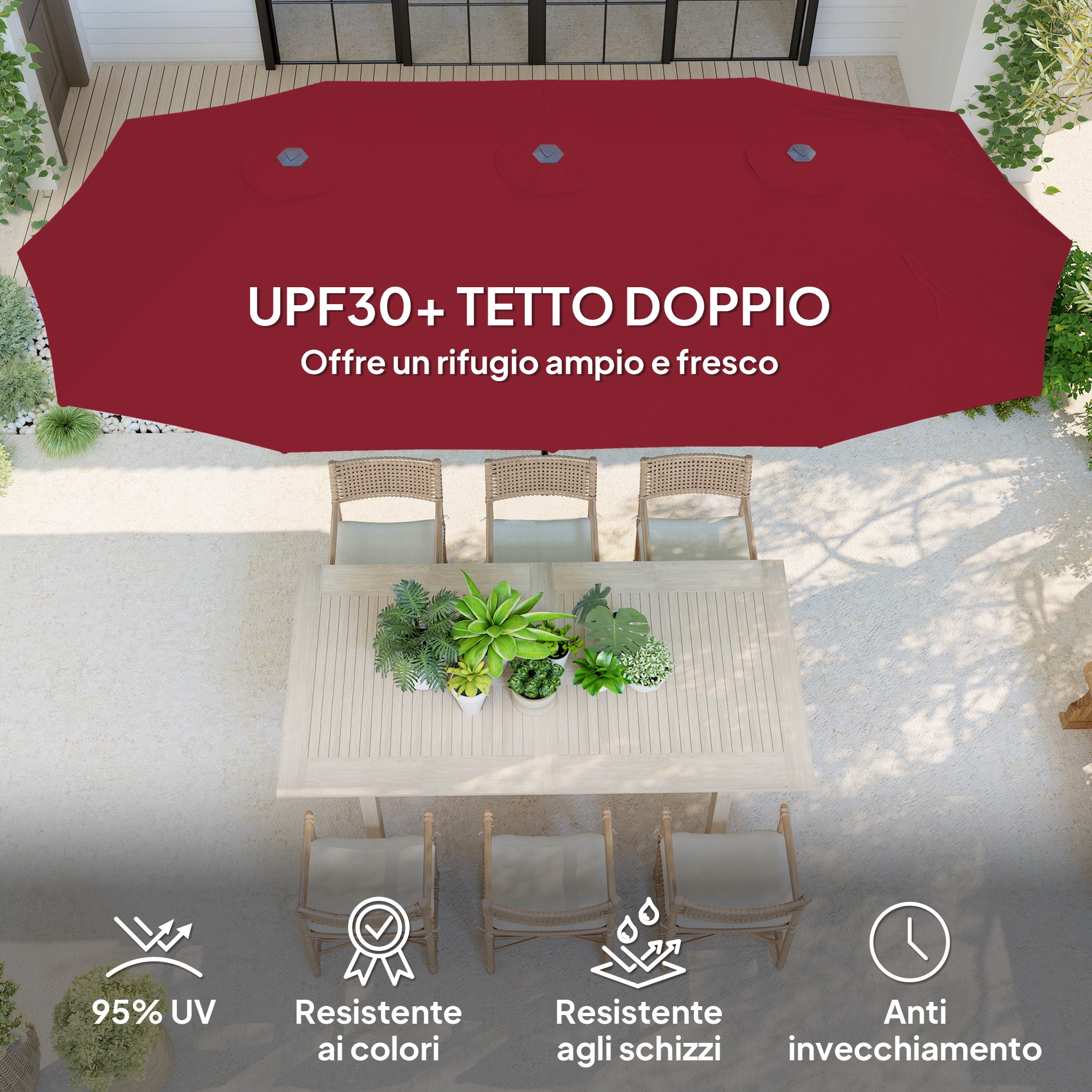 Double Umbrella with Air Vents and Crank, in Metal and Polyester, 4x2.2x2.34 m, Black and Red