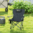 Folding and Reclining Camping Chair with Removable Footrest, Headrest and Cup Holder, Black