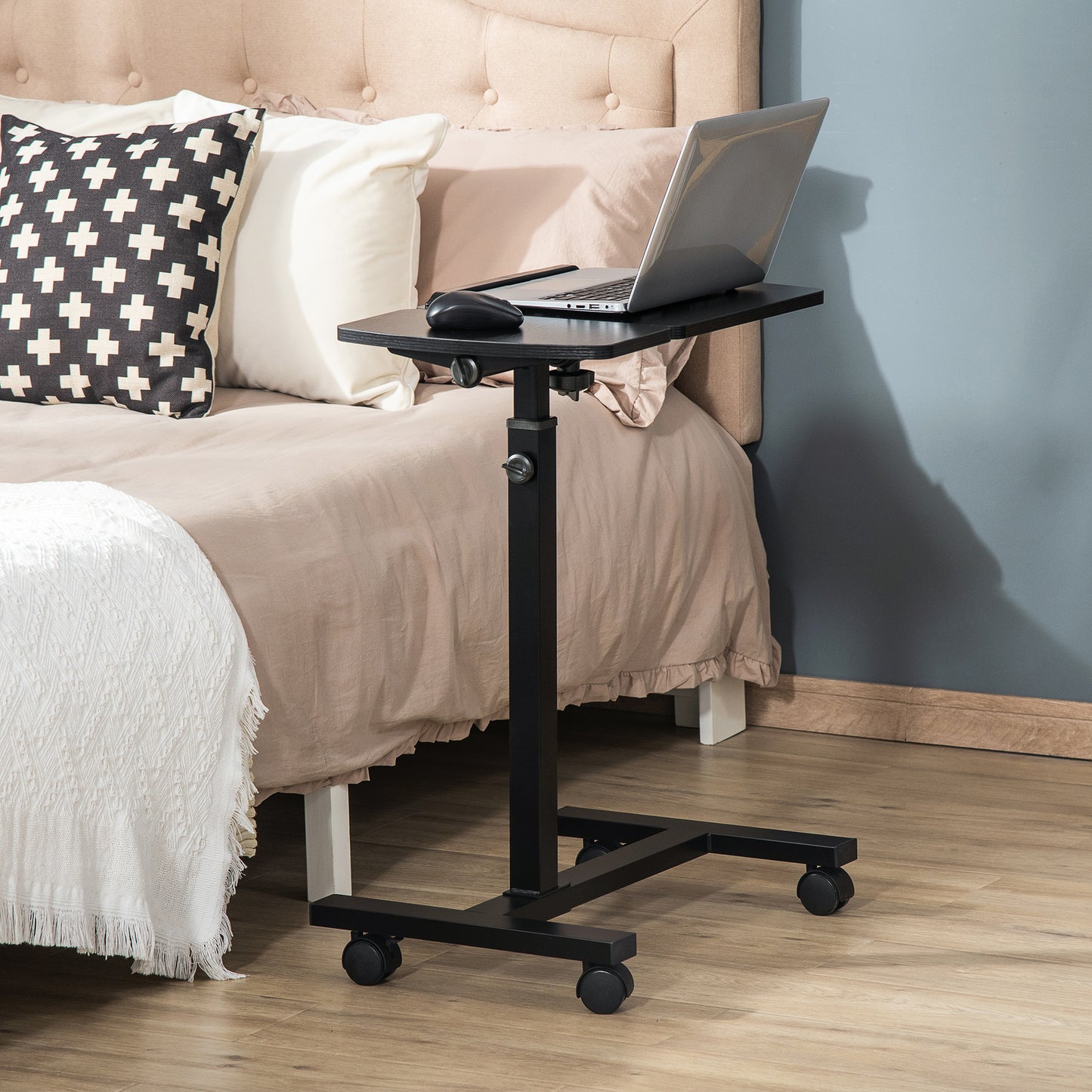 Height Adjustable Laptop Table with Wheels, Tiltable Laptop Stand 58x34x72-90cm, Metal and Wood Black