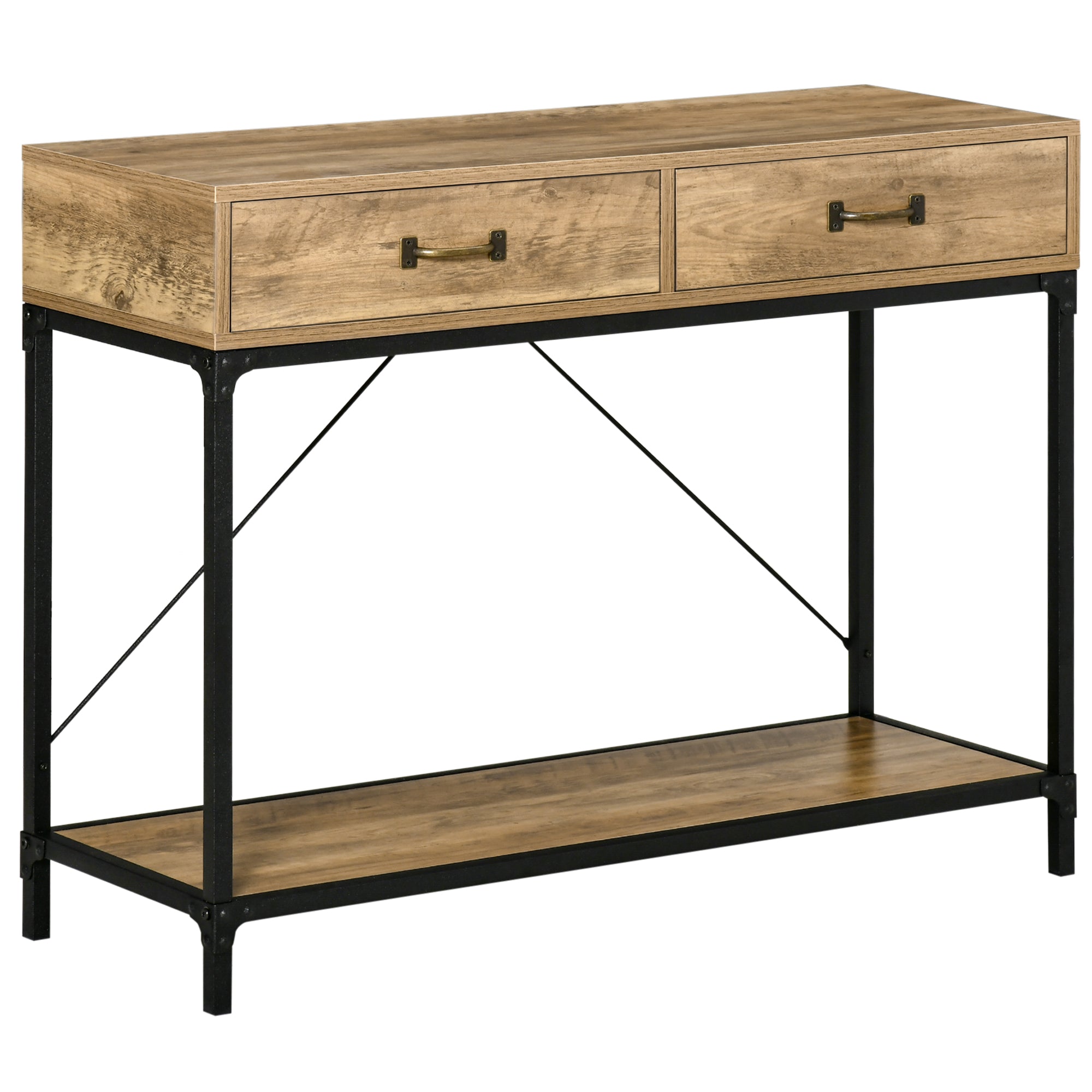 Vintage Style Metal and Wood Console Table with 2 Drawers and Shelf, 100x35x76.5cm, Brown
