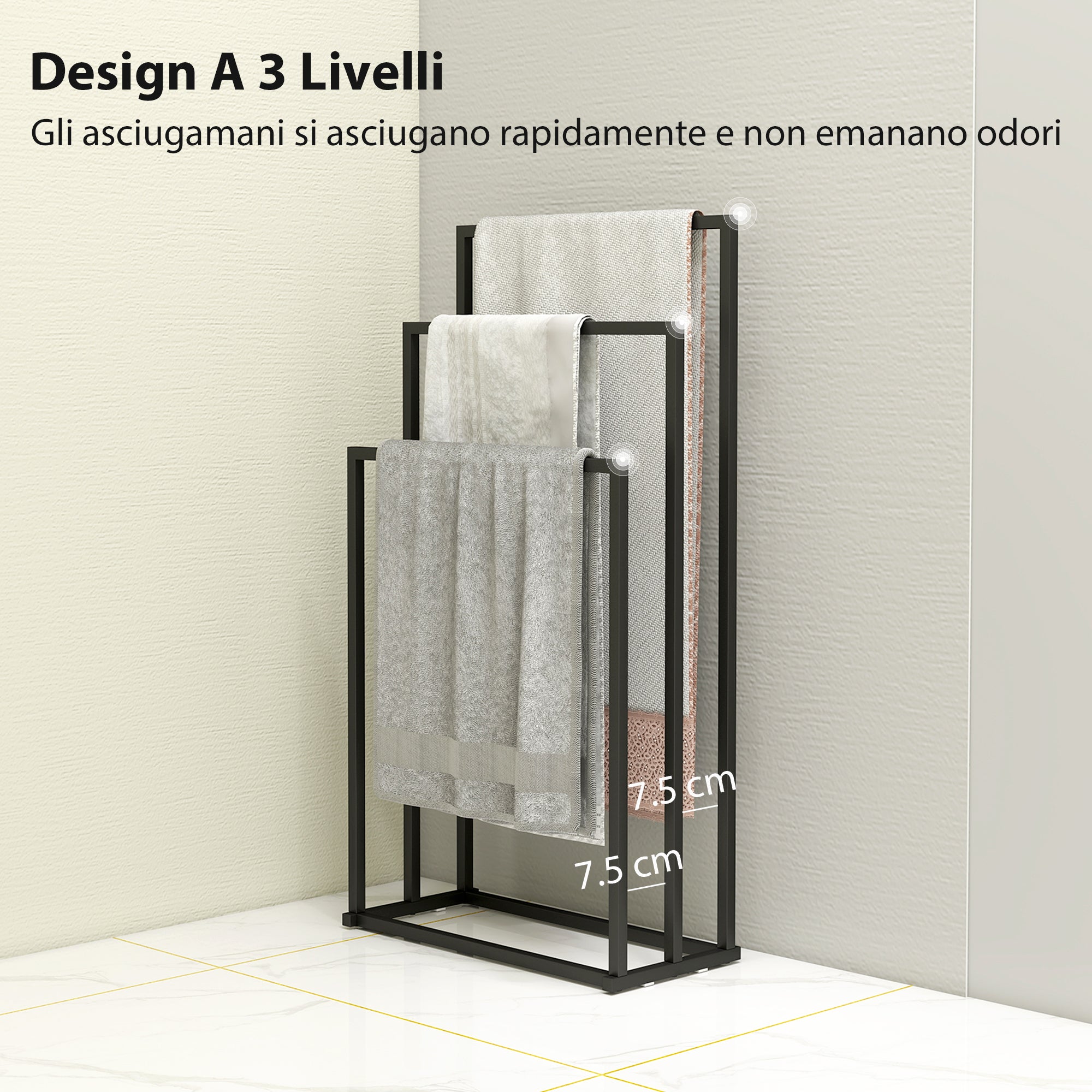 Freestanding 3-Arm Towel Rack in Steel, 45 x 21.5 x 85 cm