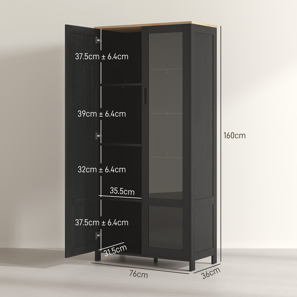 Wooden Kitchen Pantry Cabinet with 9 Adjustable Shelves with Glass Doors, 76x36x160 cm, Black and Wood color
