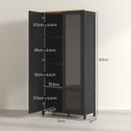 Wooden Kitchen Pantry Cabinet with 9 Adjustable Shelves with Glass Doors, 76x36x160 cm, Black and Wood color