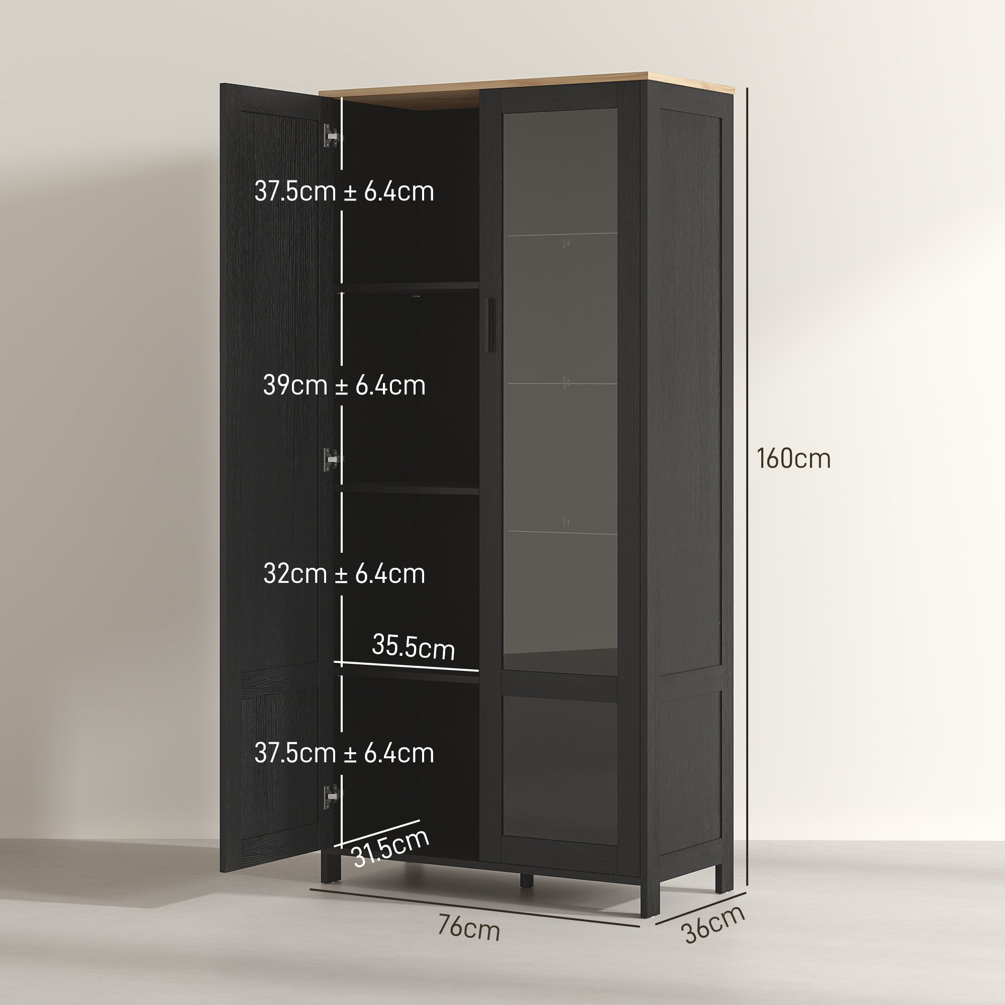 Wooden Kitchen Pantry Cabinet with 9 Adjustable Shelves with Glass Doors, 76x36x160 cm, Black and Wood color