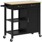 Classic Kitchen Trolley with Drawers, Wheels and 2-Door Space-Saving Cabinet 89x40x84cm, Black