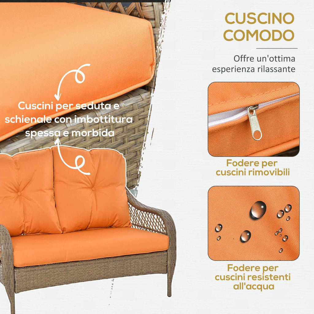 Outsunny PE Rattan Garden Furniture Set with 2 Armchairs, 2-Seater Sofa, Table and Cushions, Khaki and Orange Color