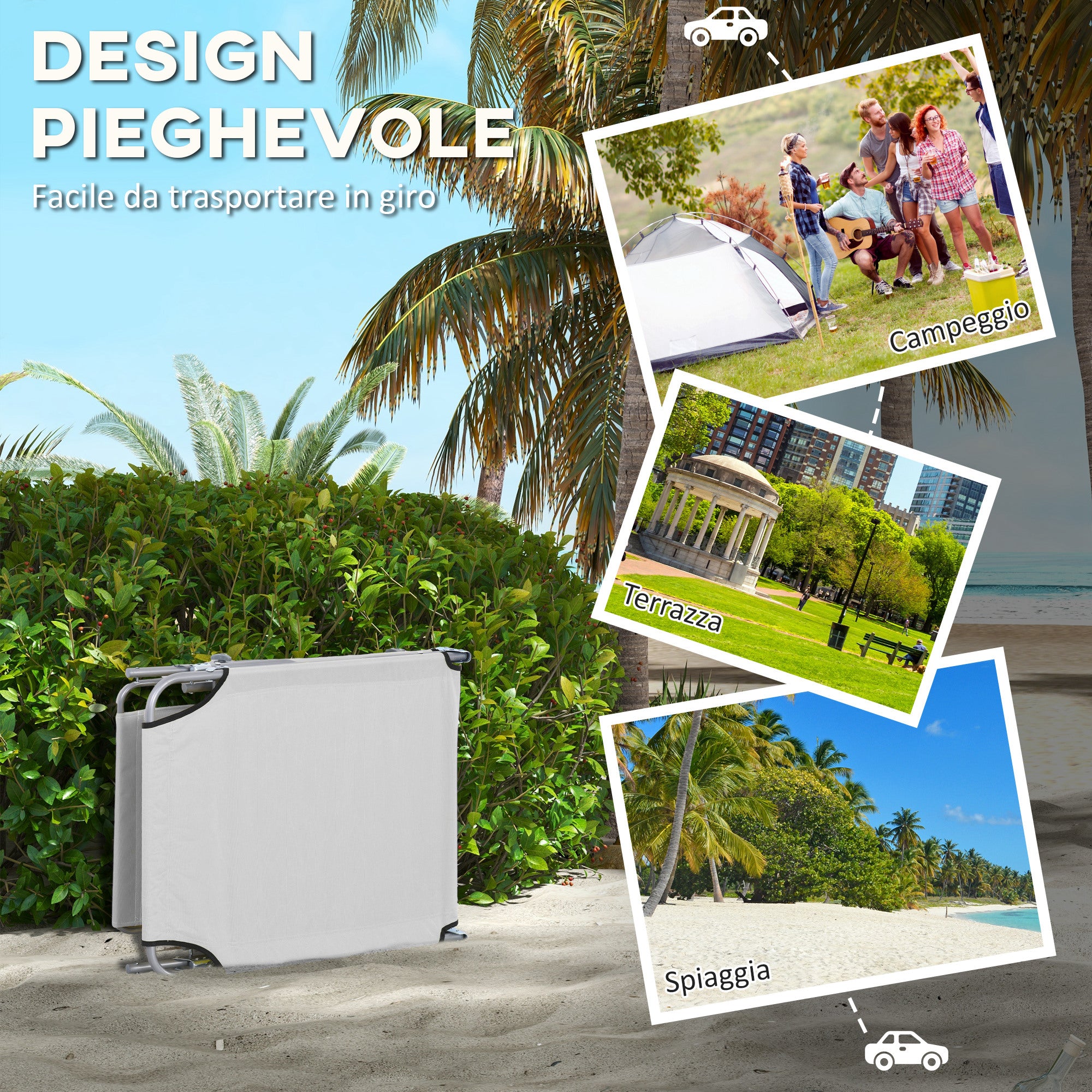 Outsunny Set of 2 Folding Garden Loungers with Adjustable Canopy, Oxford Fabric and Metal, 187x58x36 cm, Light Grey