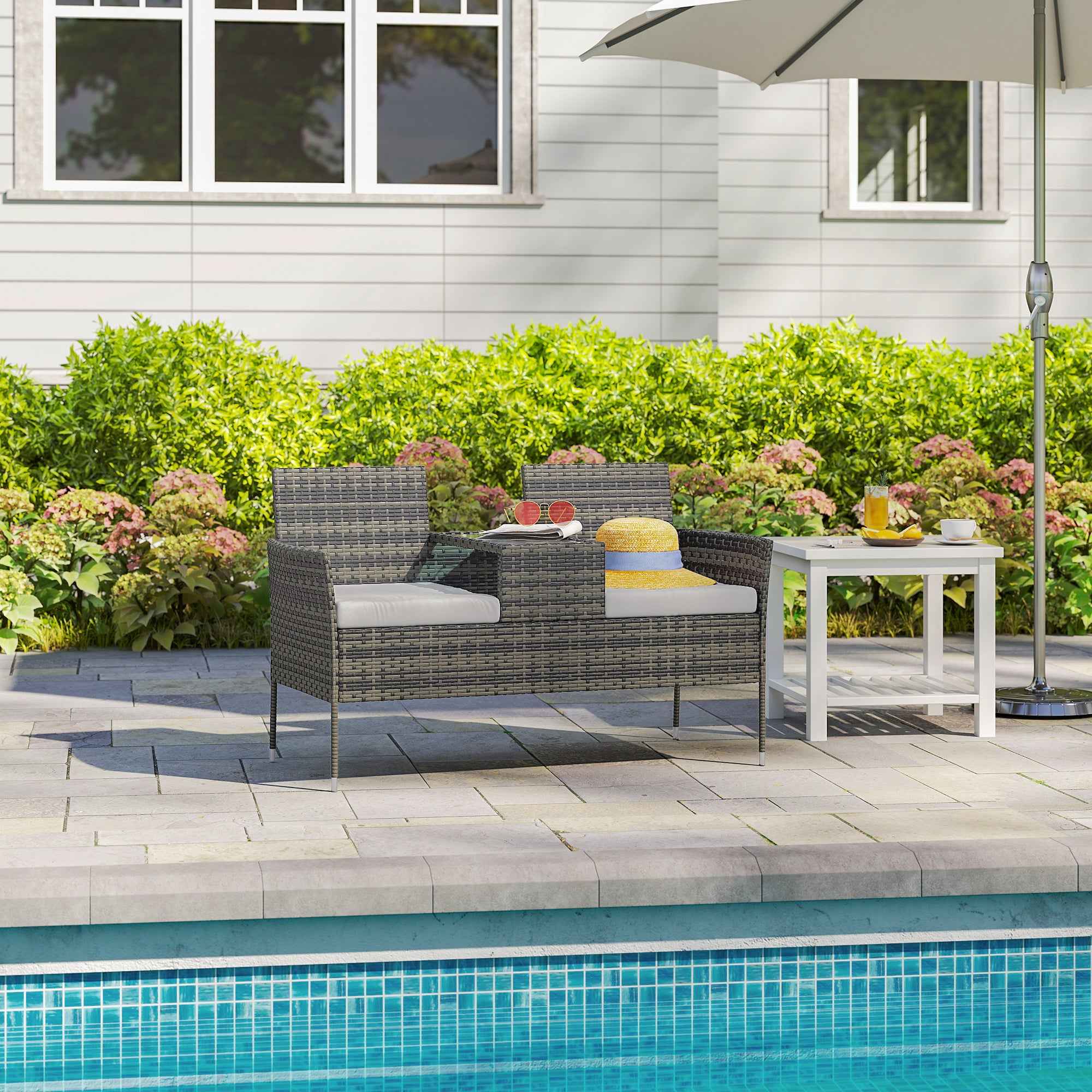 Outsunny 2-Seater Outdoor Bench with Coffee Table, Steel and PE Rattan, 137x59x82 cm, Grey