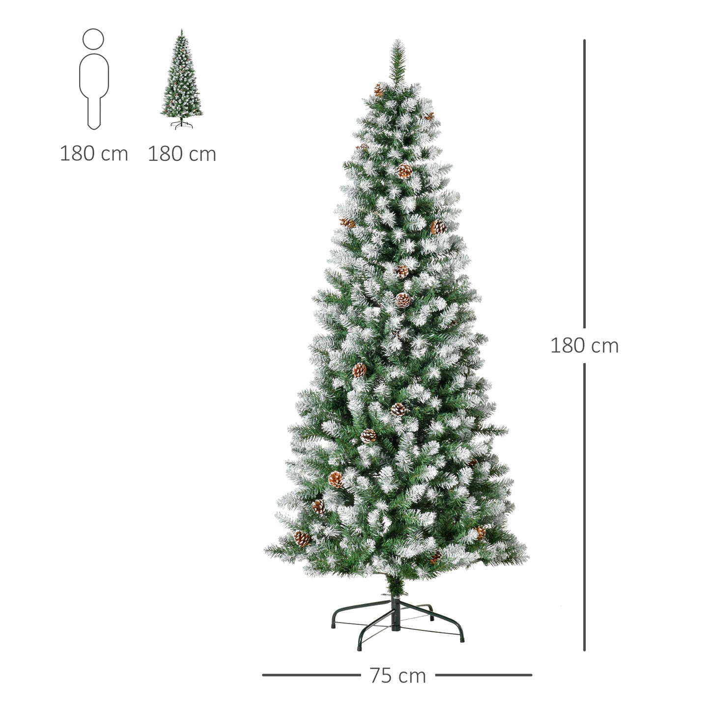 Snowy Christmas Tree 180cm with 630 Branches and 37 Pine Cones, in Plastic and Metal, Green and White