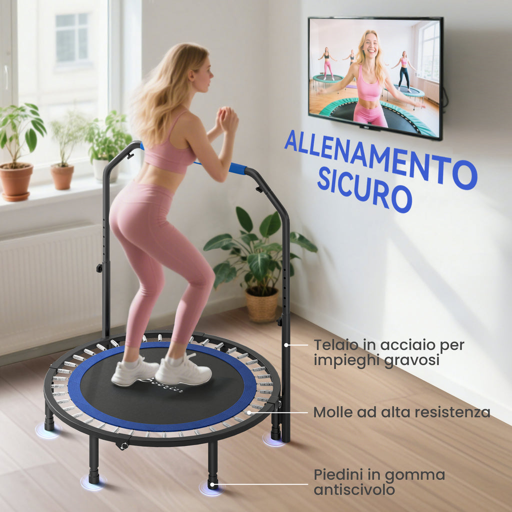 HOMCOM Mini Fitness Trampoline Ø114 cm Foldable with Height-Adjustable Handlebar, Blue and Black