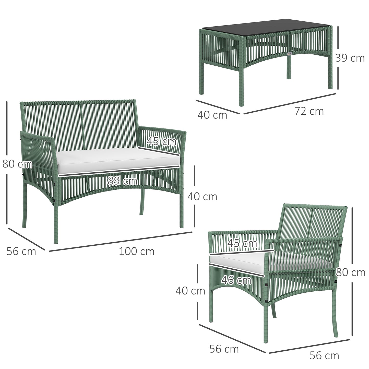 Outsunny Garden set in Rattan with 4 pieces with 2 armchairs, sofa and coffee table, green - Borgè