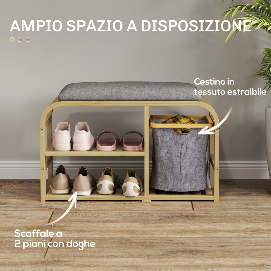 Entrance Shoe Rack Bench with Padded Seat, Slatted Design and Removable Basket, 70x30x45 cm, Wood