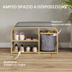 Entrance Shoe Rack Bench with Padded Seat, Slatted Design and Removable Basket, 70x30x45 cm, Wood