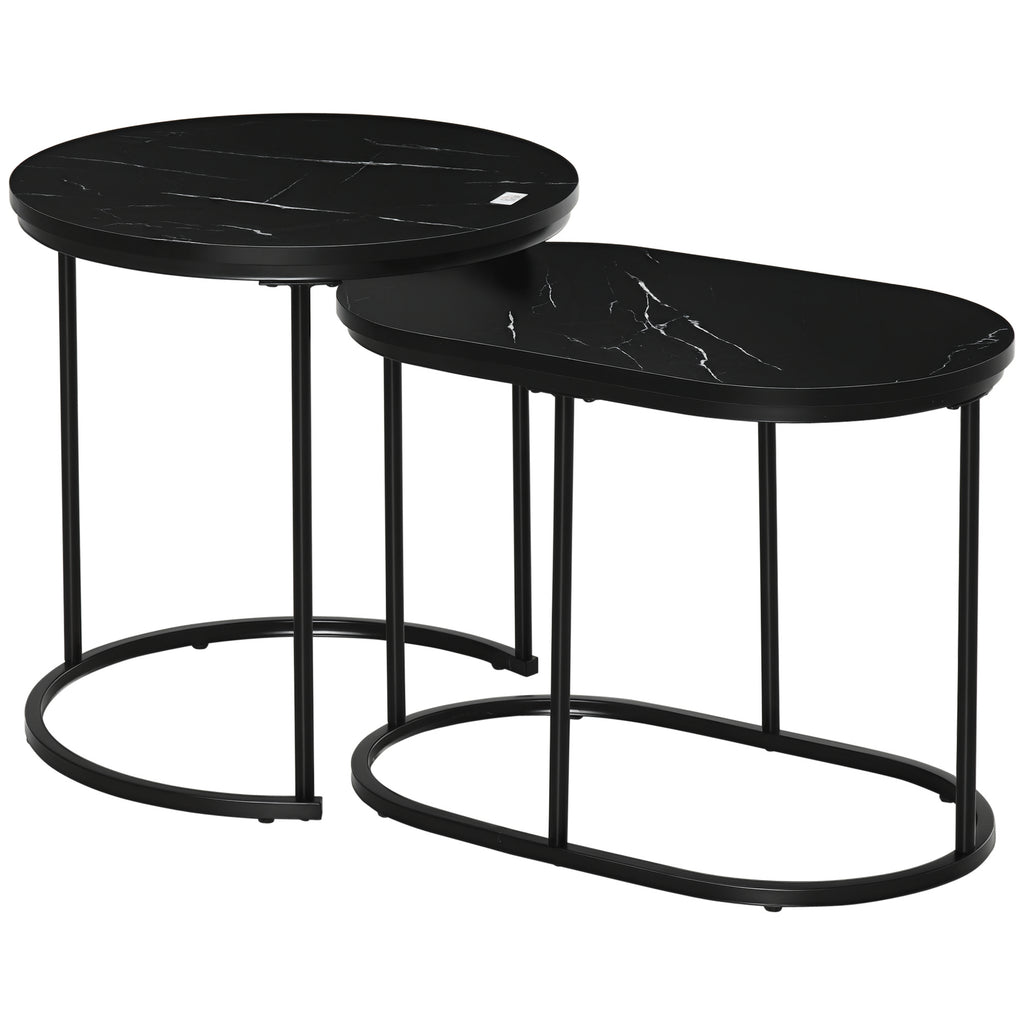 Set of 2 Coffee Tables with Marble Effect Top, in Wood and Steel, Ø50x50.5 cm and 60x36x43.5 cm, Black