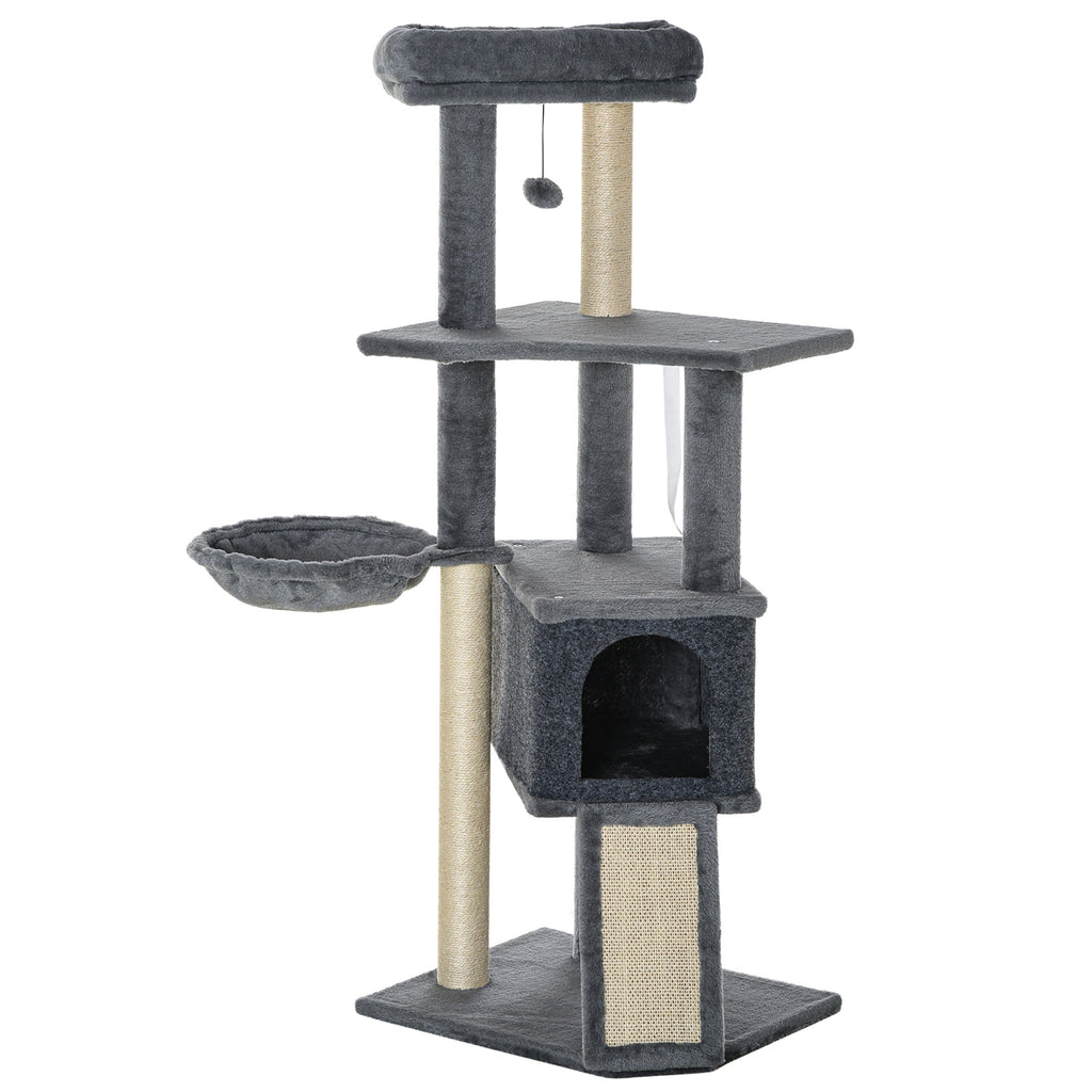 PawHut Cat Tree, 127 cm Tall, with Sisal Scratching Posts, Ramp, Basket, Kennel, Hammock, Grey