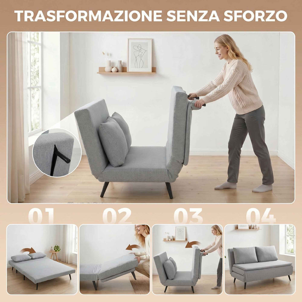 HOMCOM 3-in-1 2-Seater Sofa Bed in Linen Effect Fabric with 2 Cushions, Wood and Steel Frame, Light Grey