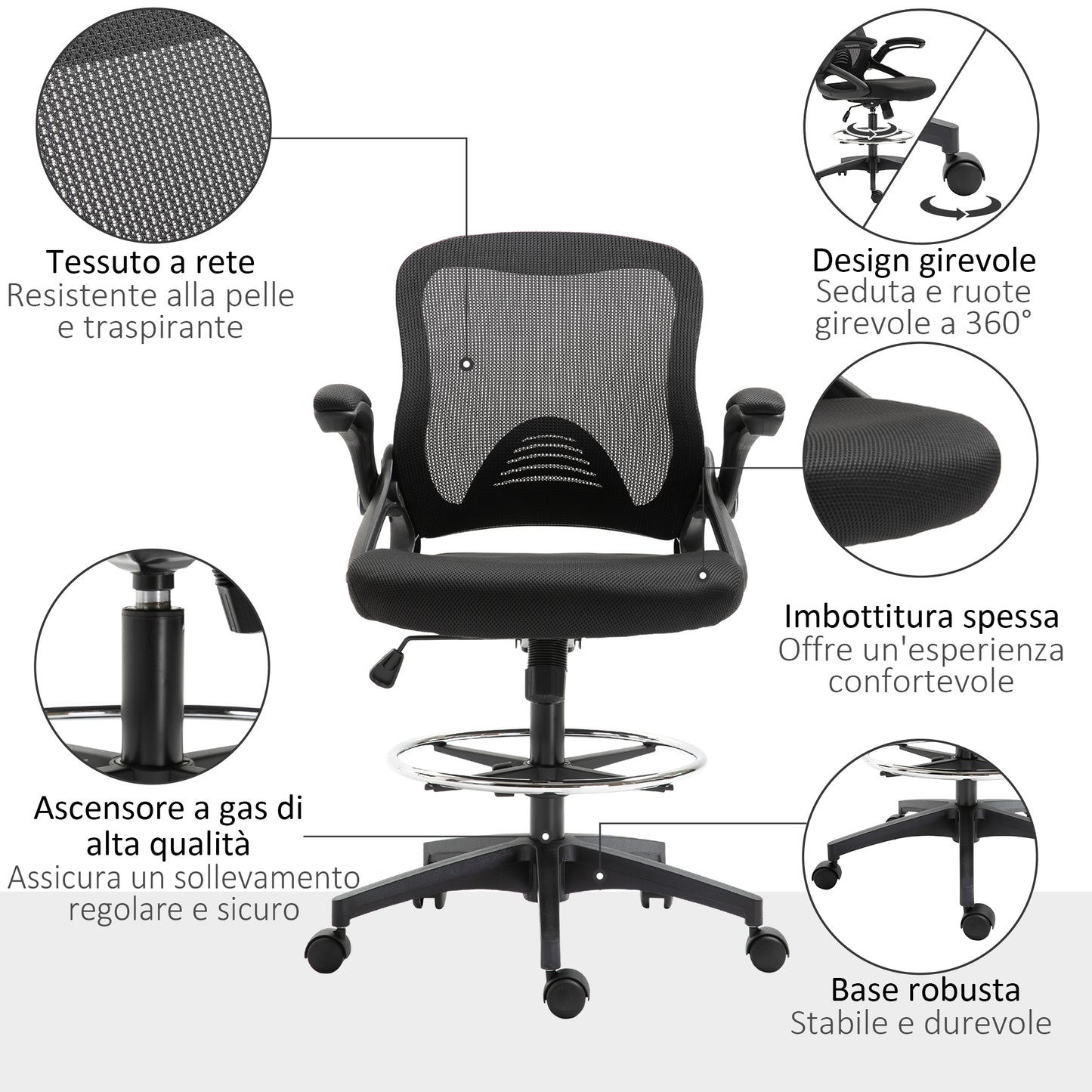 Breathable Height Adjustable Office Chair with Flip-Up Armrests, 64x60x106-126 cm, Black