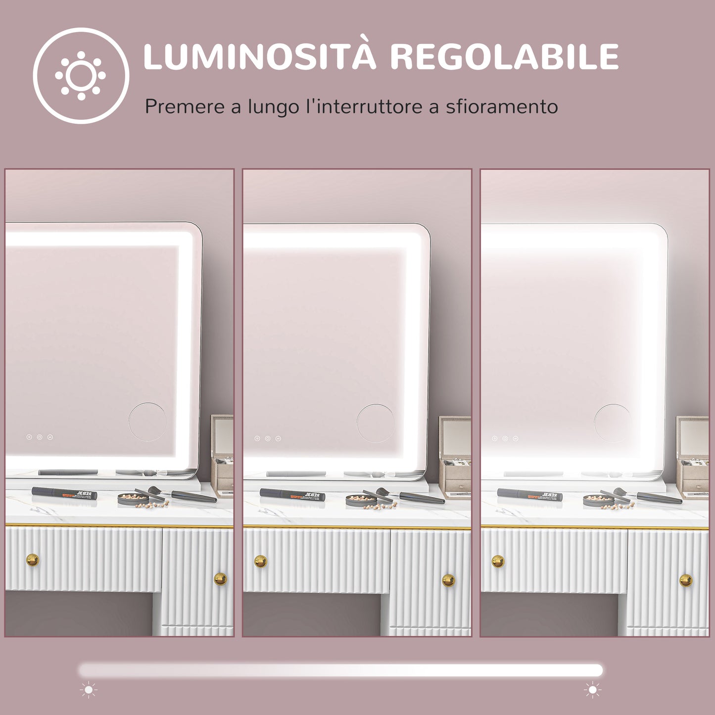 Makeup Mirror with Adjustable LED Lights, 10x Magnification, USB Socket and Touch Controls, 80x62x14cm