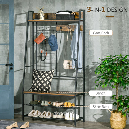 Industrial Floor Coat Rack with Shoe Rack and Wood Bench - 98x36x185cm, Brown