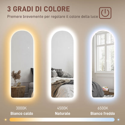 Arc Wall Mirror with Adjustable LED Lighting and Touch Control, Tempered Glass, 40x3x120 cm