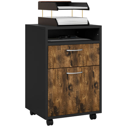 File Cabinet with Drawer and Shelf, 4 Wheels, 40x35x60cm, Brown and Black