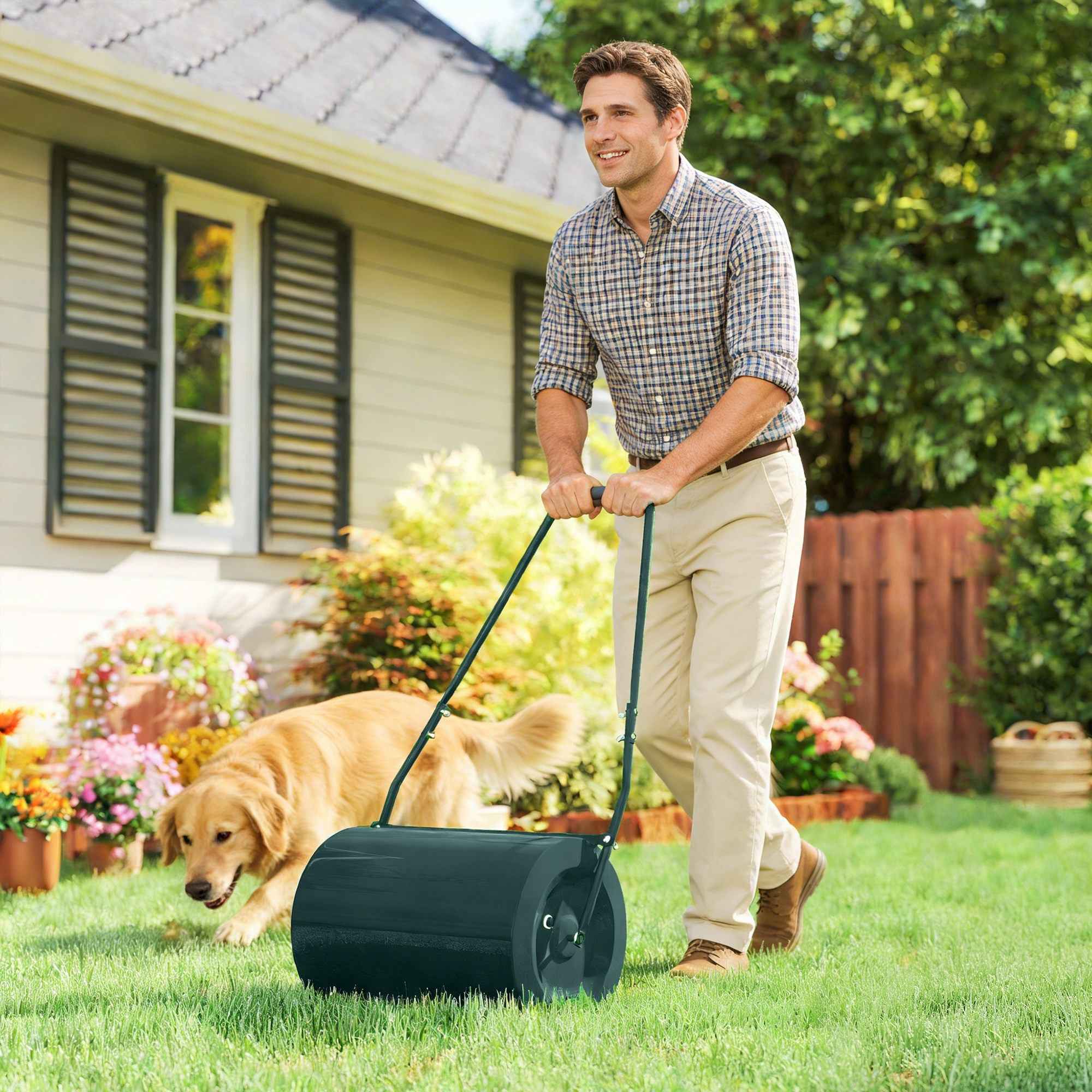 Outsunny 63L Lawn Roller with Scraper Blade, Metal, 123x58x40 cm, Dark Green