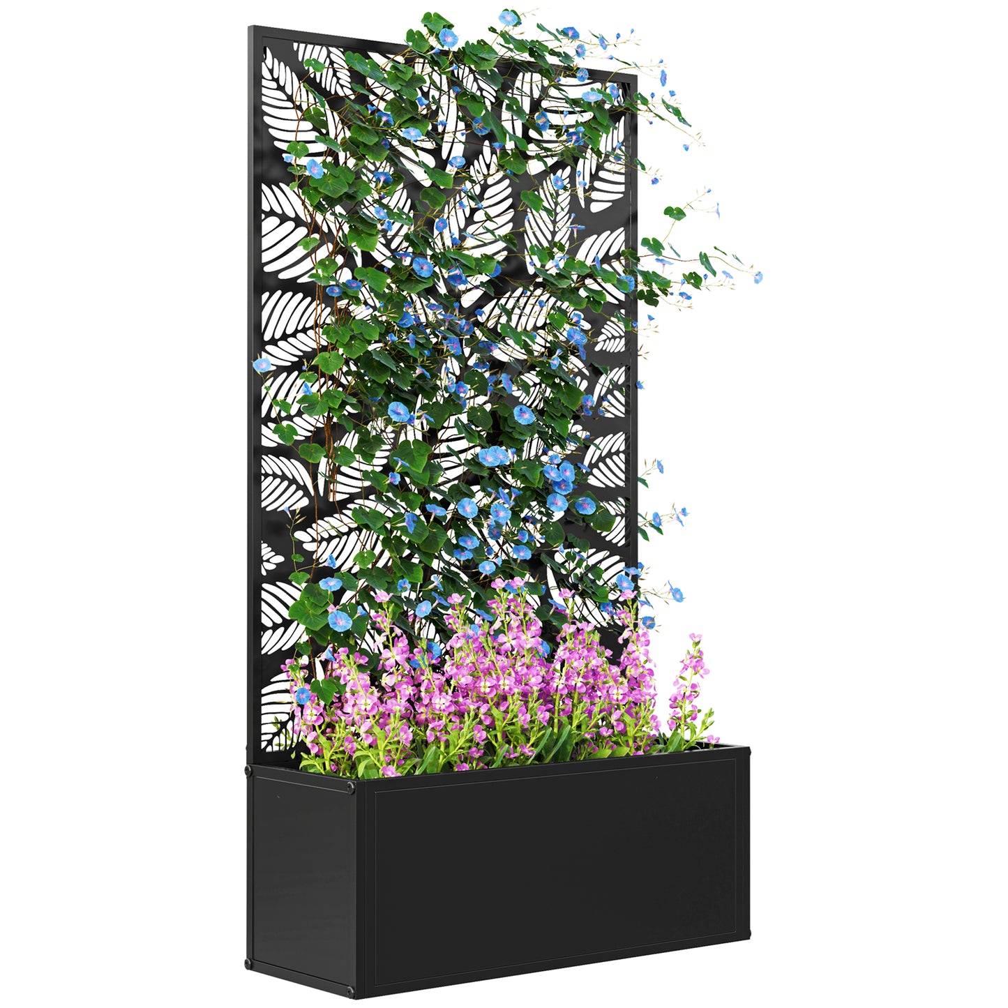 Raised Planter with Decorative Trellis for Climbing Plants, for the Ground and Wall, 61x23x113 cm, Black