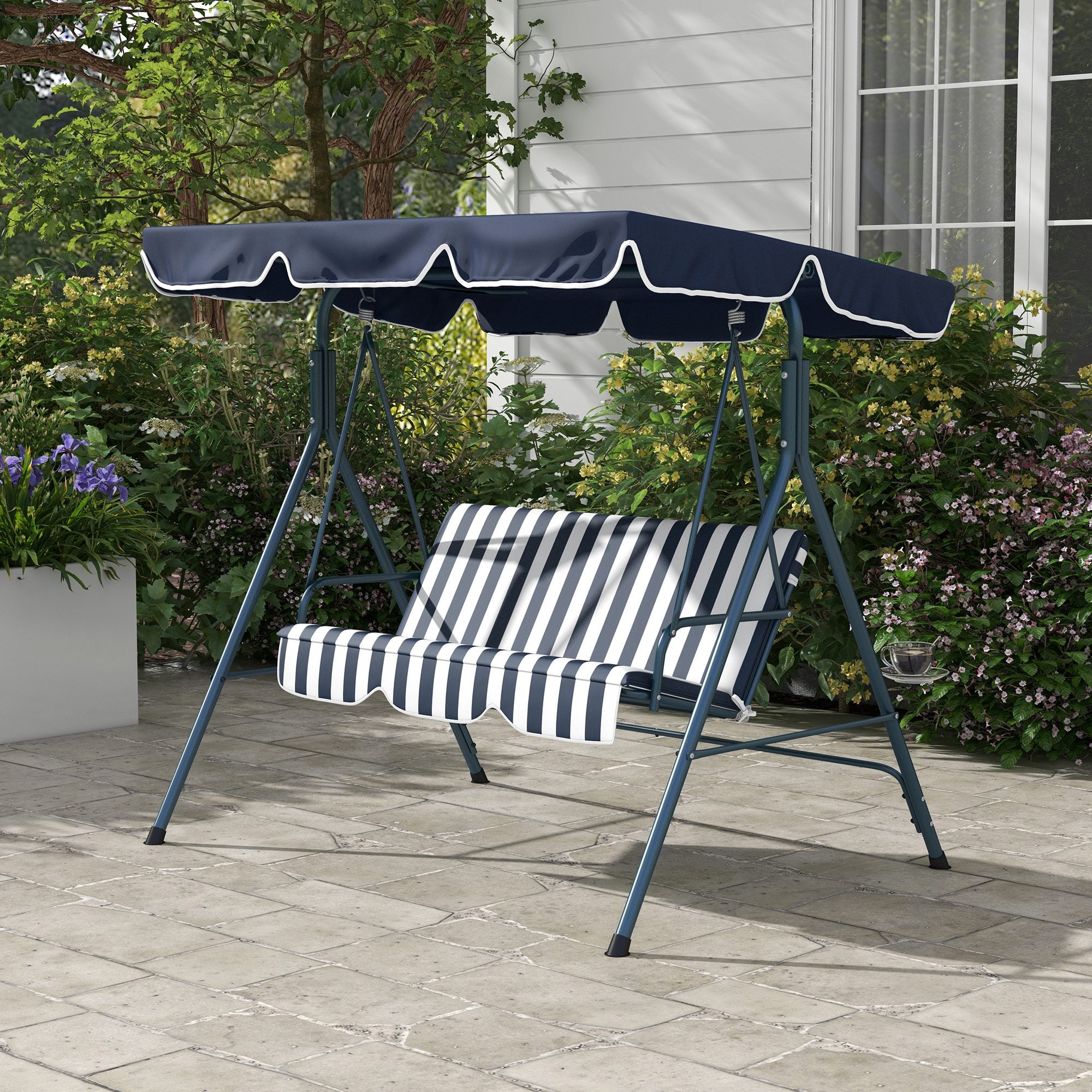 3-Seater Garden Swing with Sunshade Roof, in Steel and Polyester, 172x110x153 cm, White and Blue