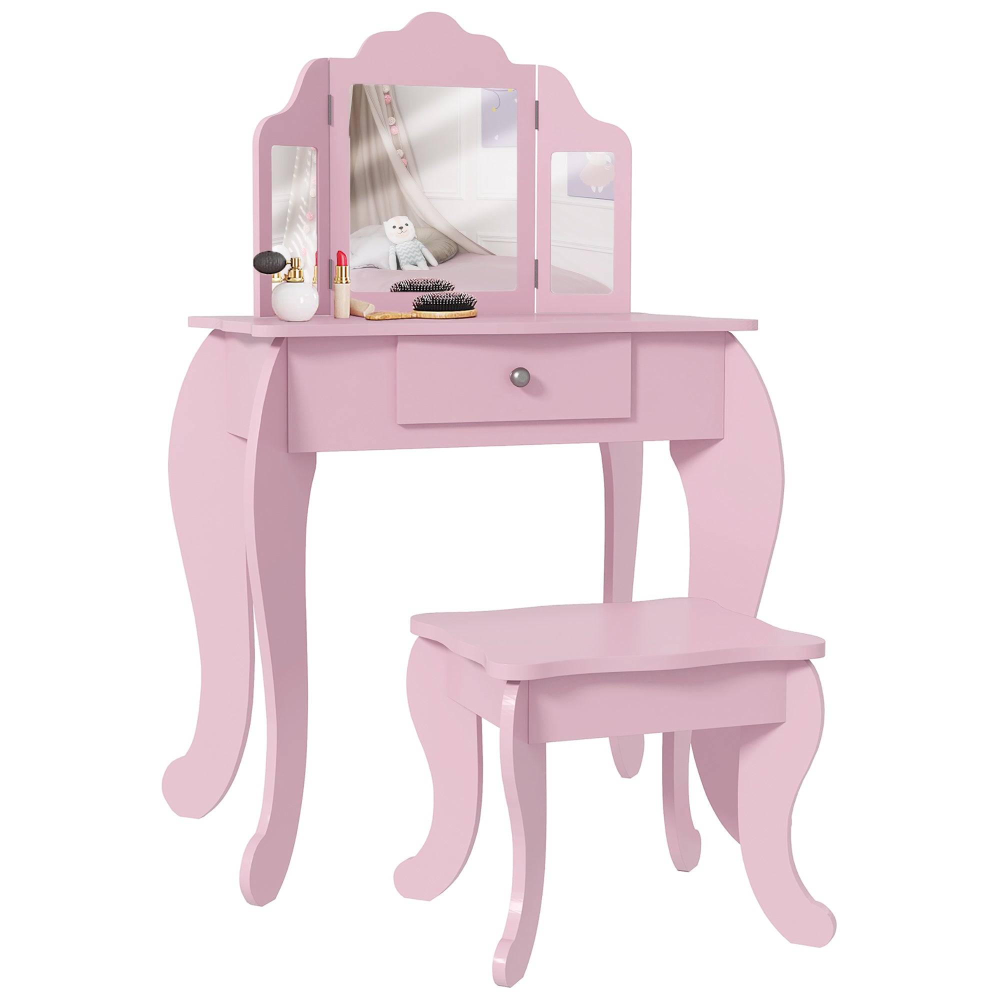 Children's Dressing Table with Stool and Adjustable Mirror, Girls' Dressing Table with Drawer, Pink