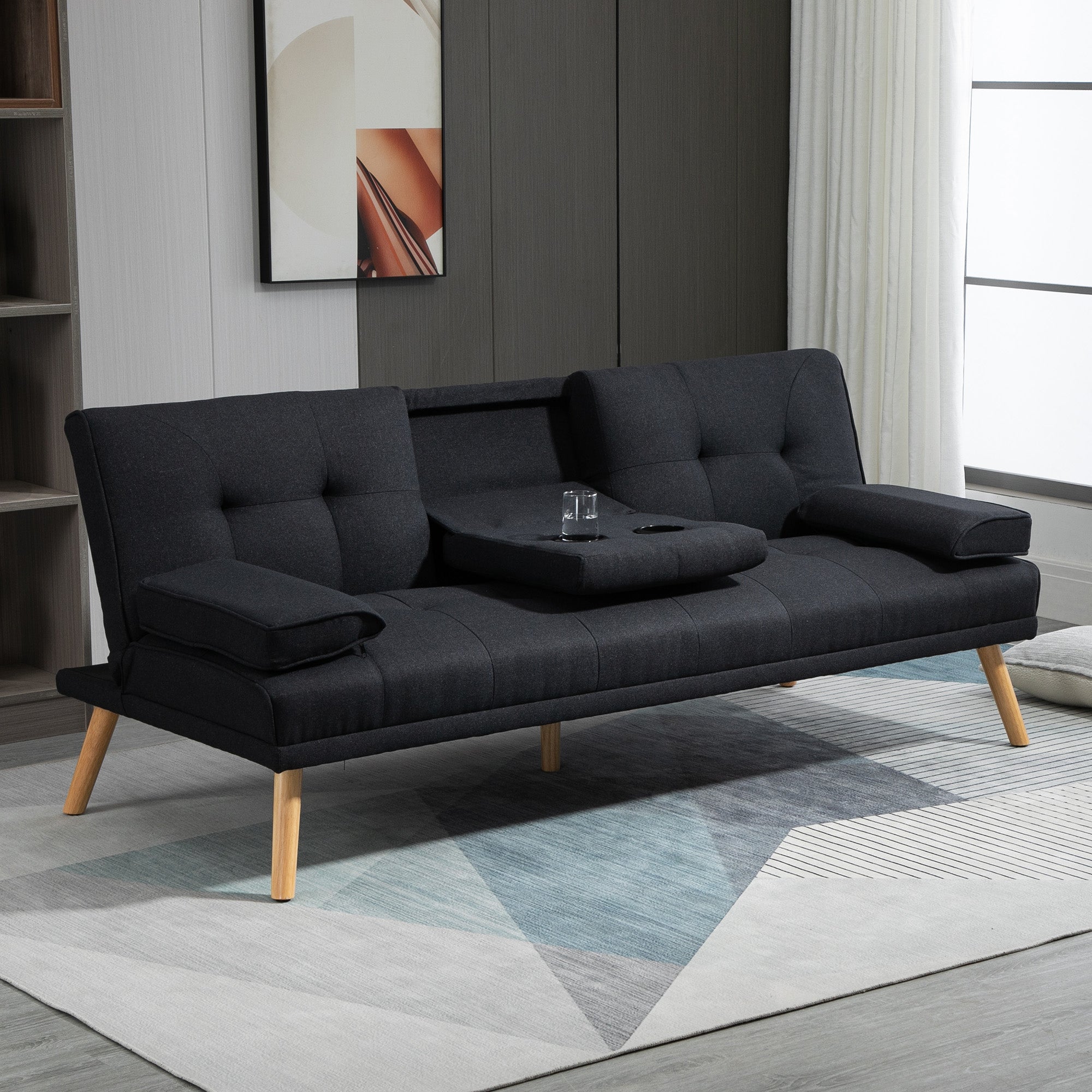 3-Seater Reclining Sofa Bed with Linen Effect Covering and Drop-leaf Table, Gray