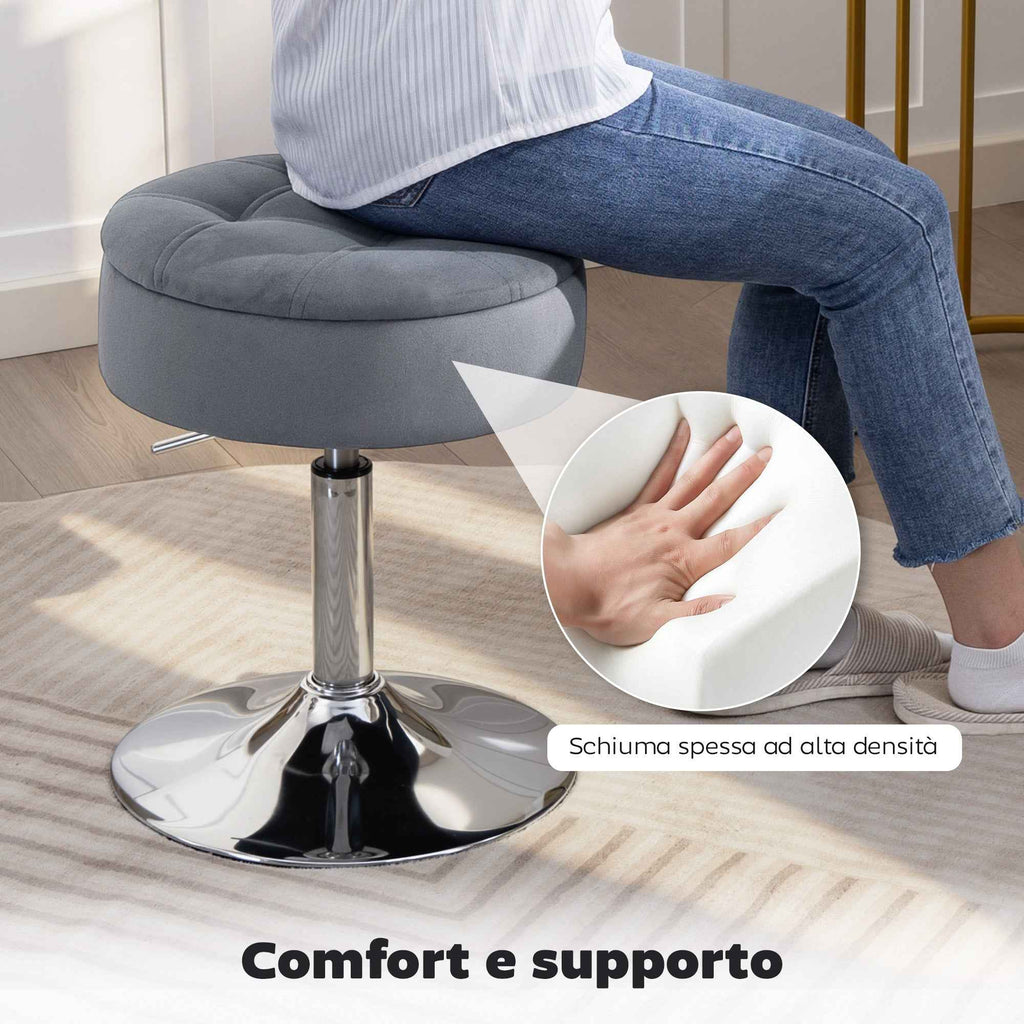 HOMCOM Height-Adjustable Bar Stool with Storage Compartment, Padded Swivel Seat without Backrest, Grey