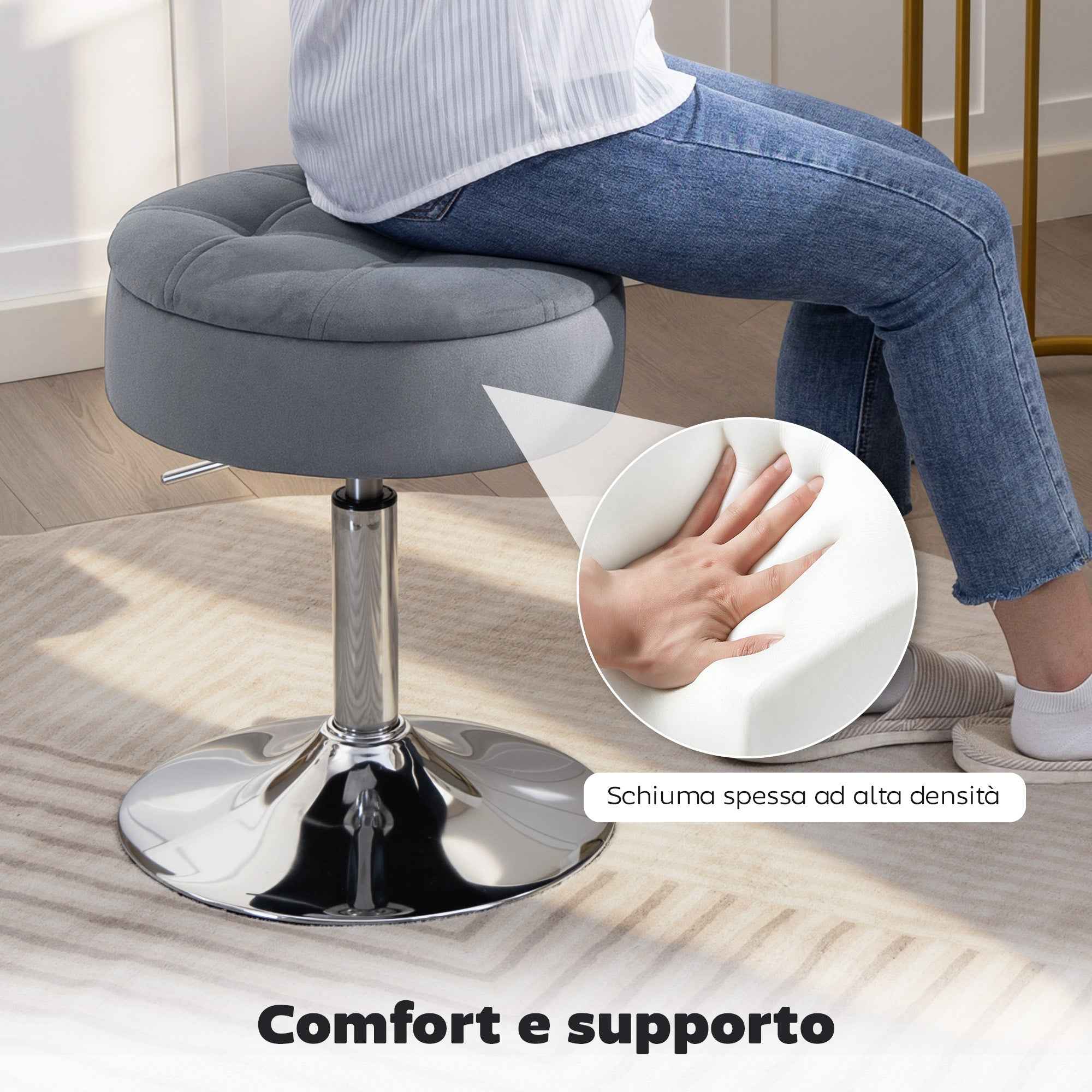 HOMCOM Height-Adjustable Bar Stool with Storage Compartment, Padded Swivel Seat without Backrest, Grey