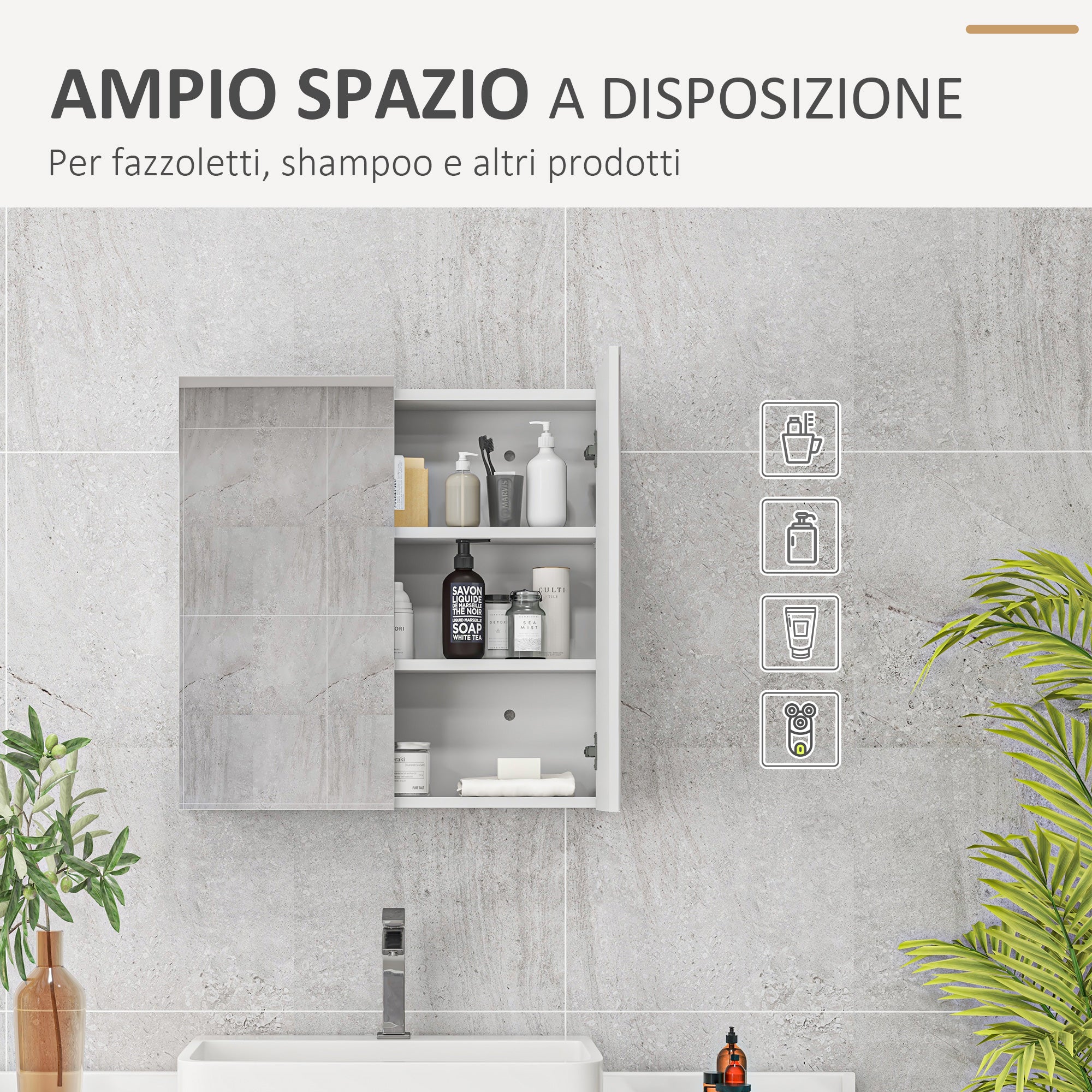 kleankin Mirrored Cabinet with 3 Adjustable Internal Shelves, in Wood and Glass, 60x15x60 cm, White