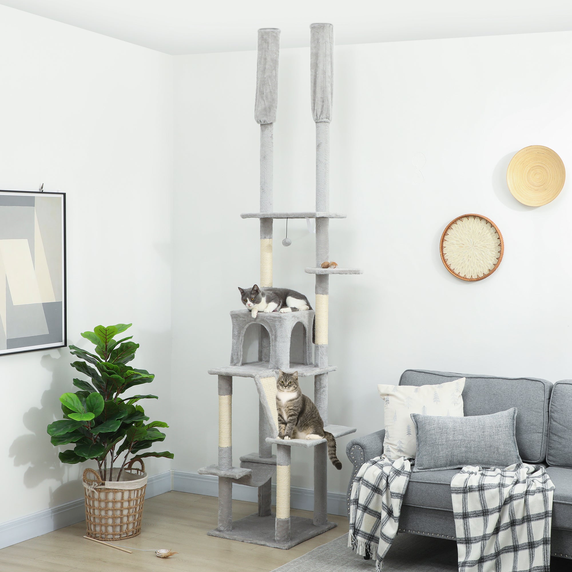 Ceiling Cat Tree with Adjustable Height 225-255 cm with House and Hammock, Light Grey