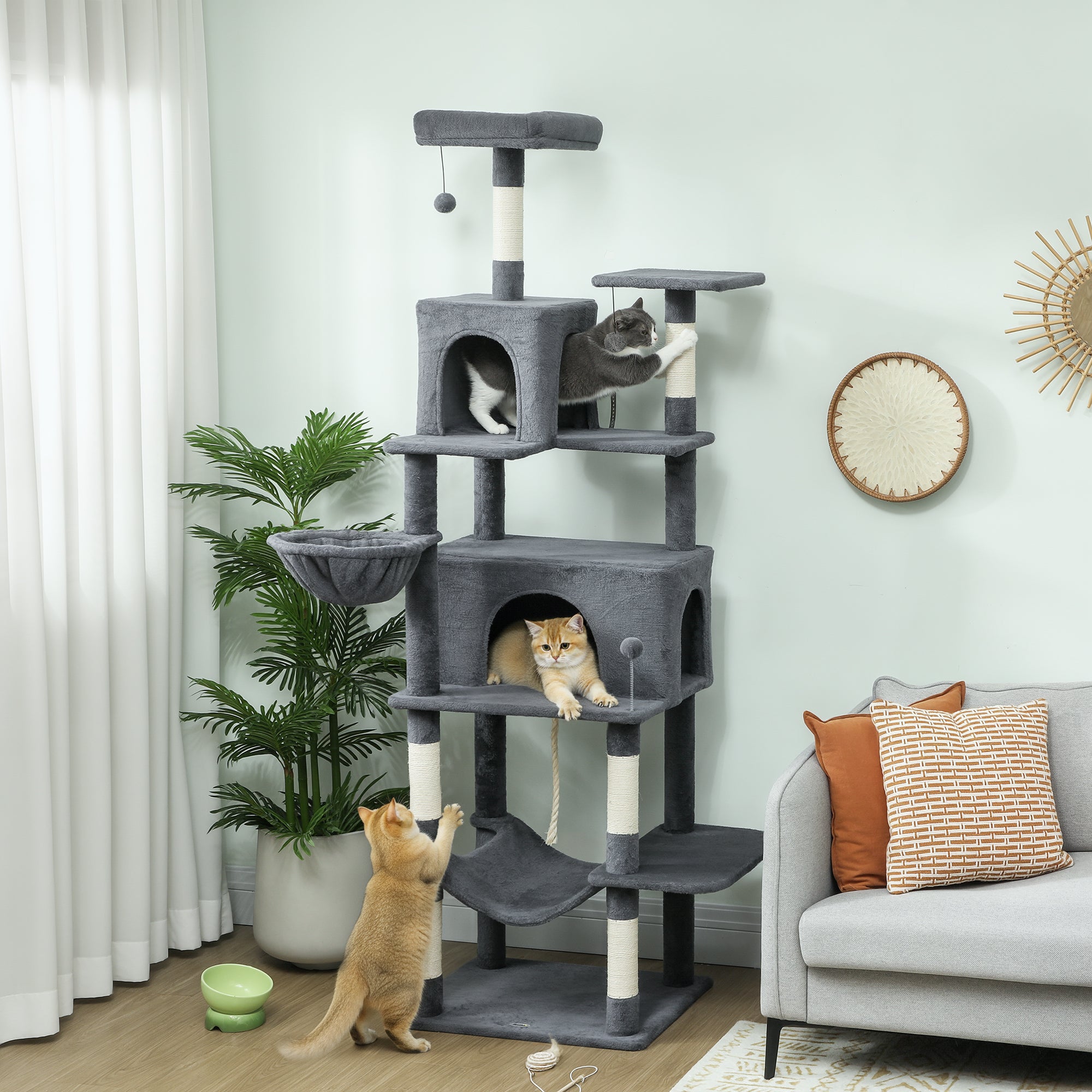 Cat Tree, 202 cm Tall, with 6 Sisal Posts, 2 Houses, 2 Hammocks and a Bed, Grey