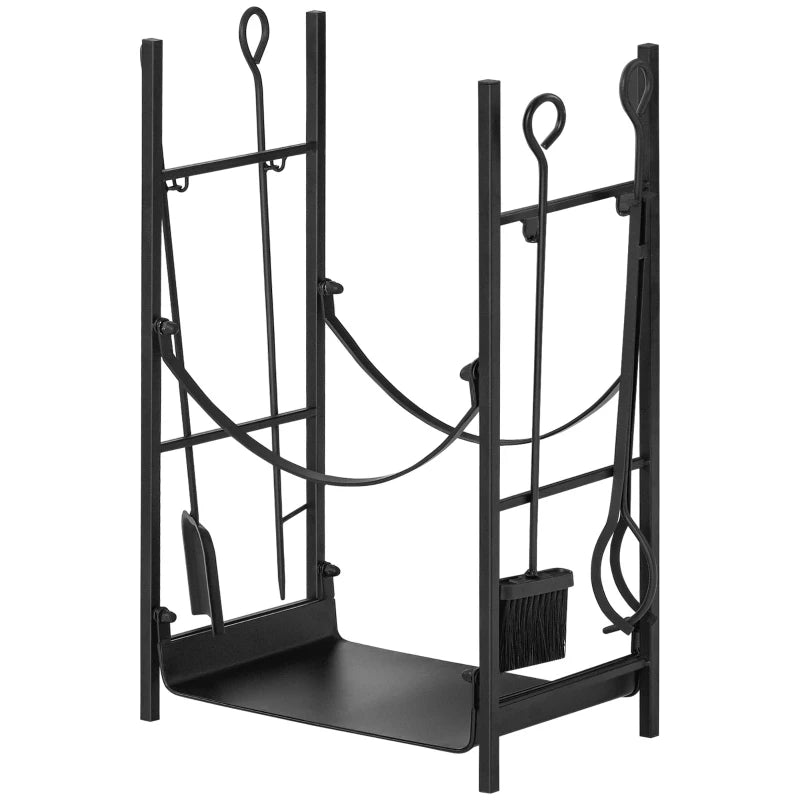 2-Tier Indoor/Outdoor Metal Log Rack, Indoor Log Holder with Removable Holders, Shovel, Broom, Poker, and Tongs, 44.5 x 29.5 x 73 cm, Black