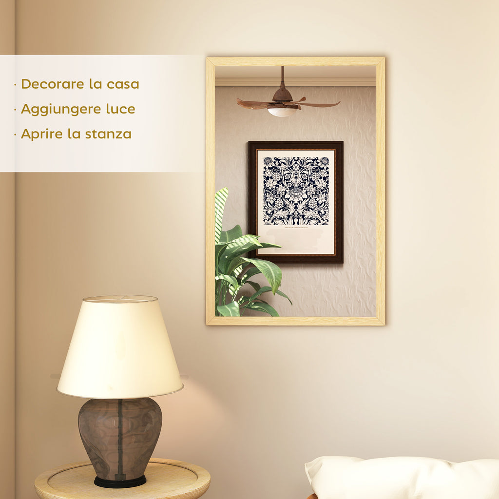 HOMCOM Rectangular Wall Mirror with Hooks, Glass and MDF Wall Mirror, 40x60 cm, Wood Color