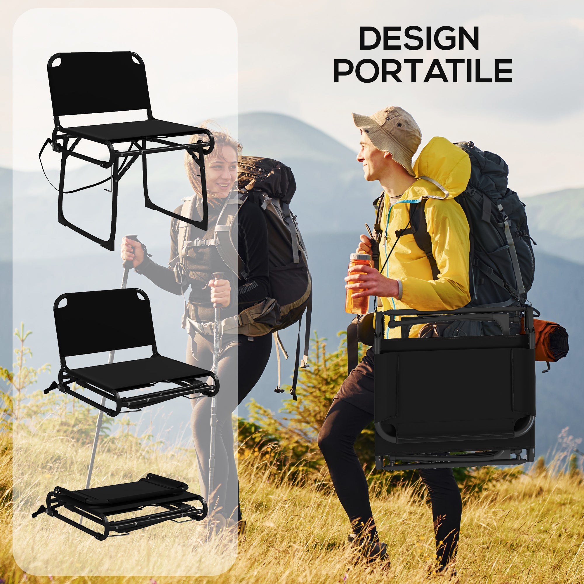 Outsunny Set of 2 Multifunctional Folding Camping Chairs, Metal Frame and Oxford Fabric, Black - Borgè